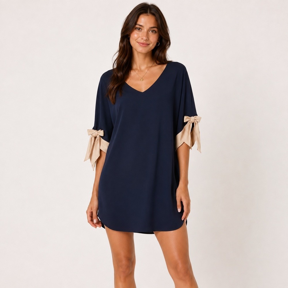 Zara Old Money Navy V-Neck Mini Dress Beige Bow Tie Sleeves Preppy Coquette NWT